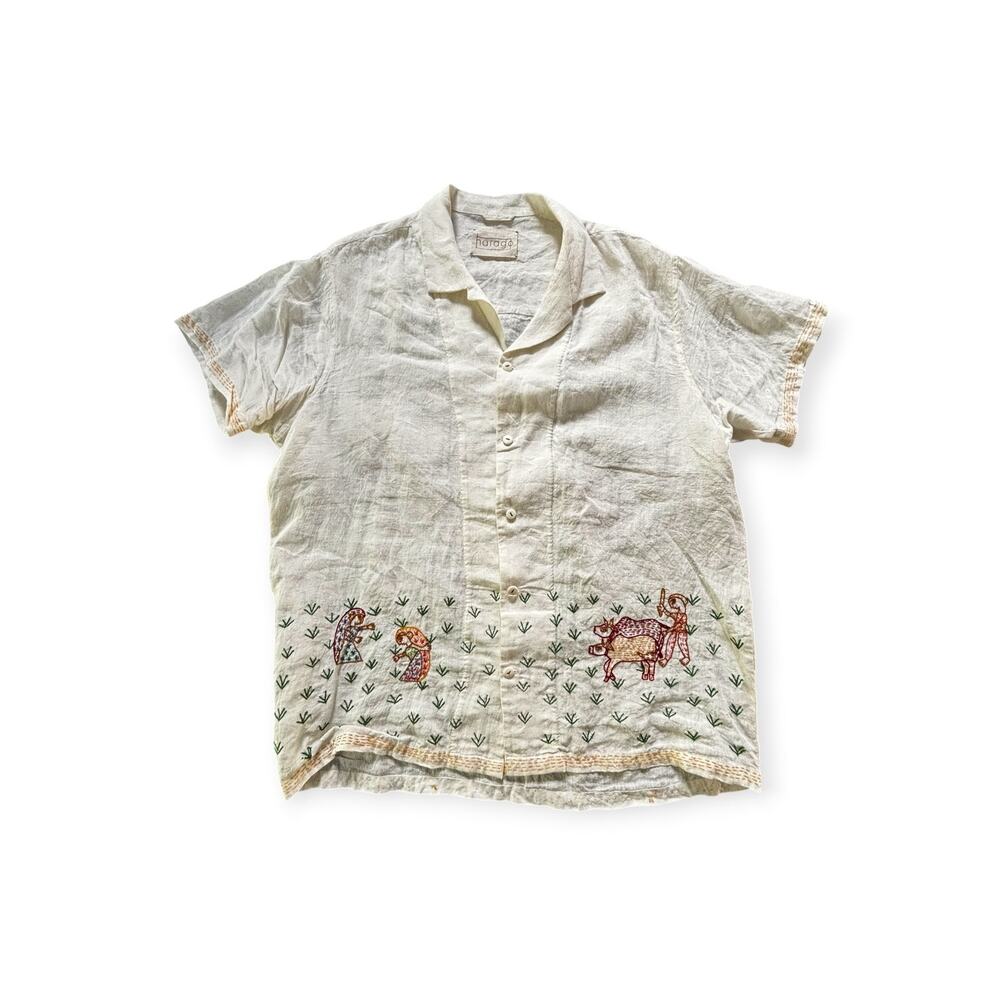 HARAGO FARM SCENE EMBROIDERED LINEN SHIRT MEDIUM